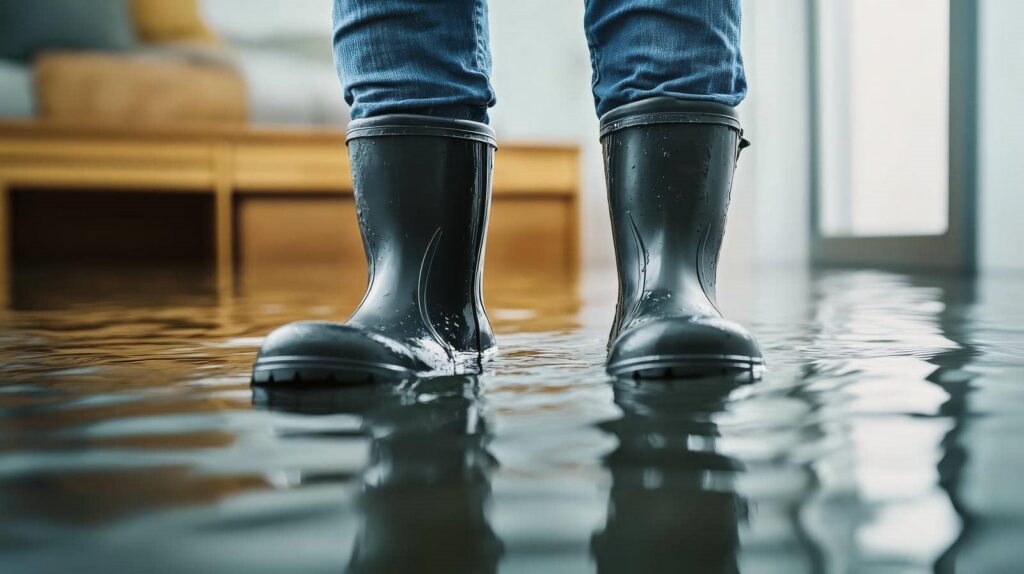 Person wearing black rain boots standing in water inside a flooded room.