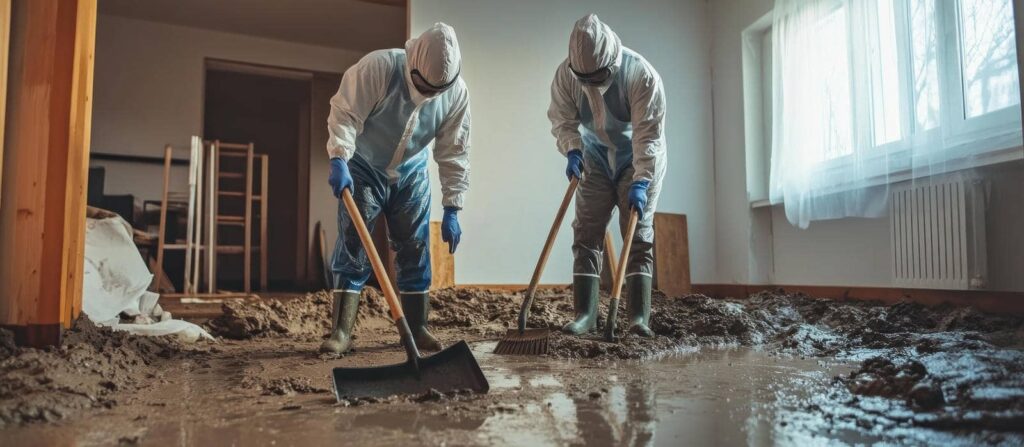 Two people in protective suits cleaning mud and water inside a flooded room.