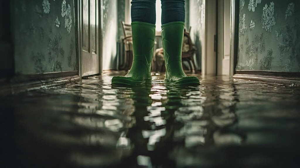 Person wearing green rain boots standing in a flooded hallway with water covering the floor.