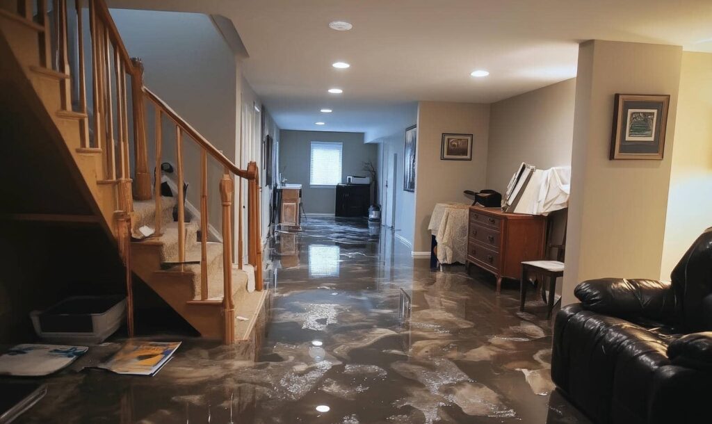 Flooded basement with water covering the floor and furniture partially submerged.