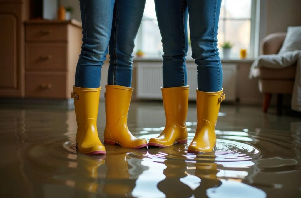 Two people wearing yellow rain boots standing in a flooded room with water on the floor.