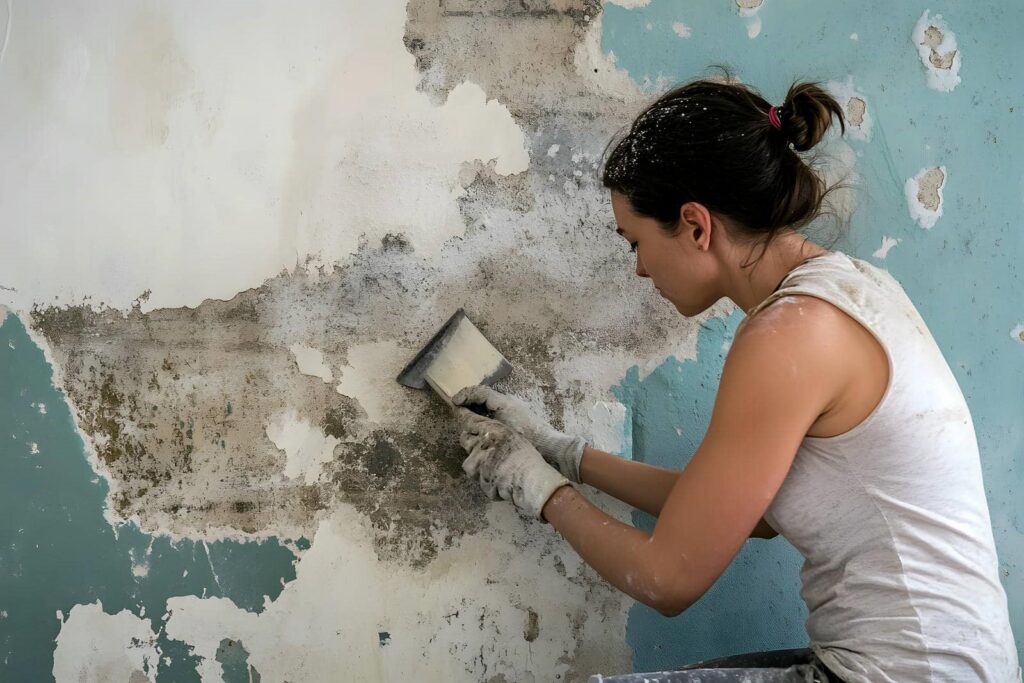 Woman scraping peeling paint and mold from a wall with a putty knife.