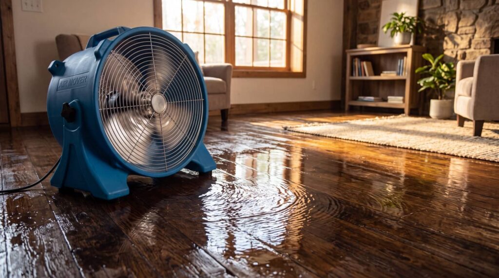 Blue air mover fan drying wet hardwood floor in a sunlit living room.
