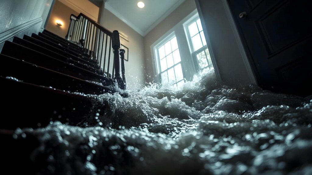Floodwater rushing up a staircase inside a house near a window and door.