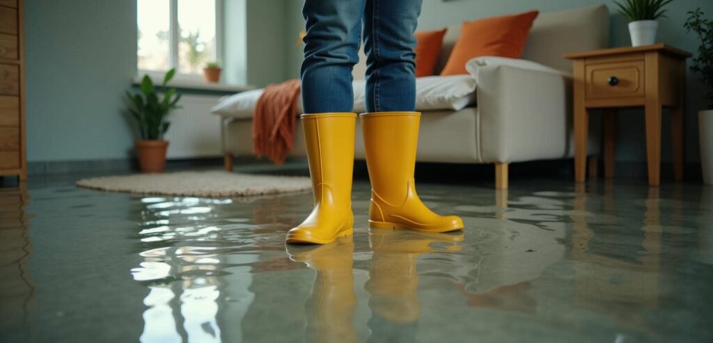 Person wearing yellow rain boots standing in a flooded living room.