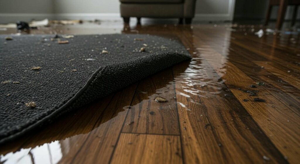 Water pooling on a wooden floor partially covered by a dark rug with debris scattered around.