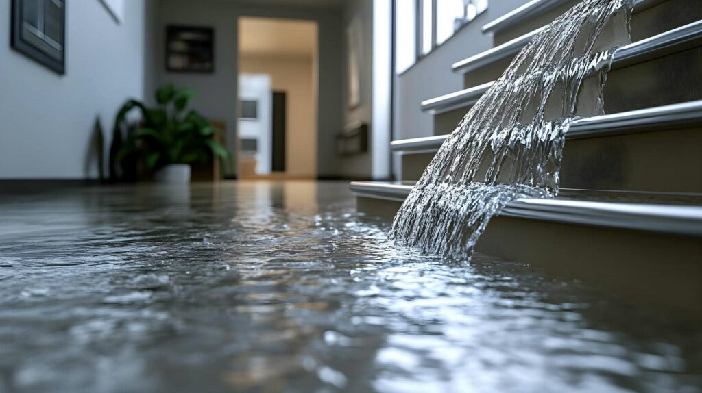 Water flowing down indoor stairs causing flooding on the floor.