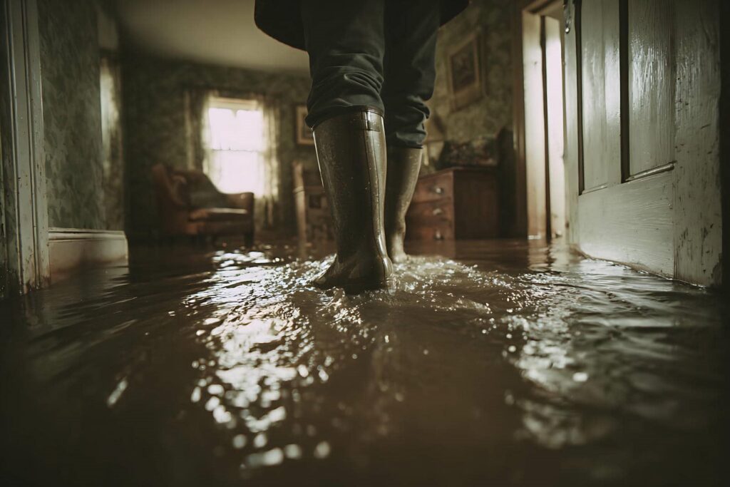 Person wearing rubber boots walking through a flooded room with water covering the floor.