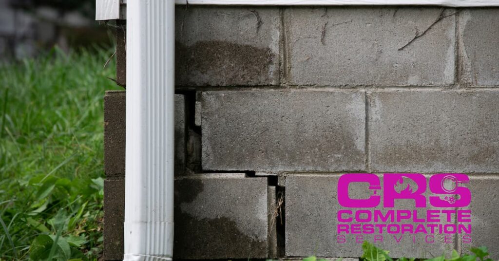 Cracked concrete blocks at the base of a building with a white downspout on the left.