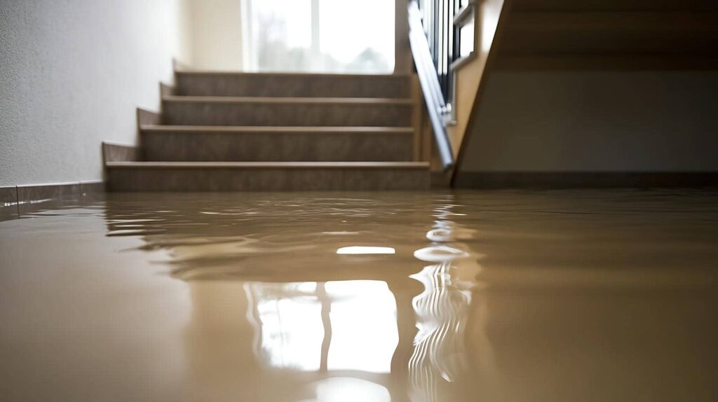 Flooded indoor staircase with water covering the floor up to the first step.