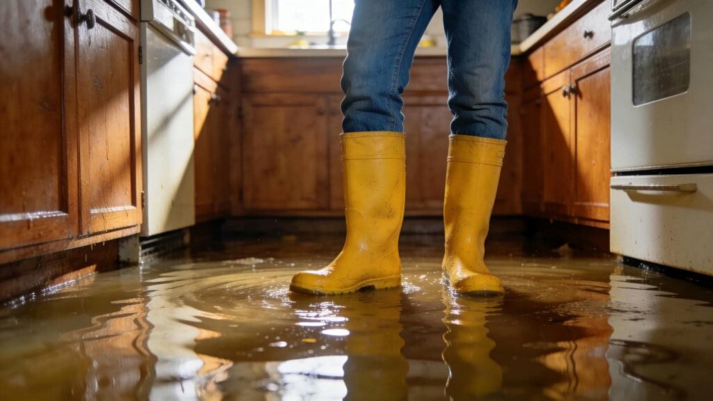 Person wearing yellow rain boots standing in a flooded kitchen with water covering the floor.