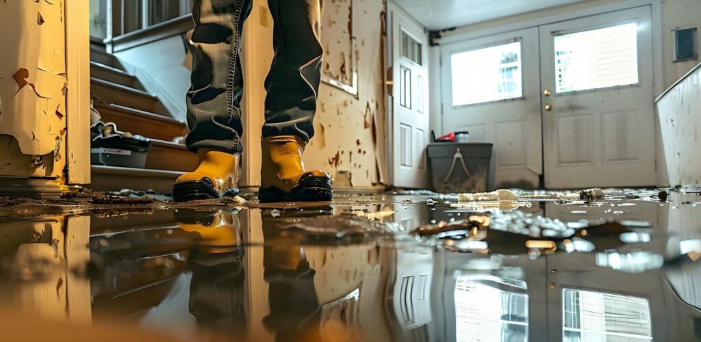 Person wearing yellow boots standing in a flooded, damaged room with peeling walls and debris on the floor.