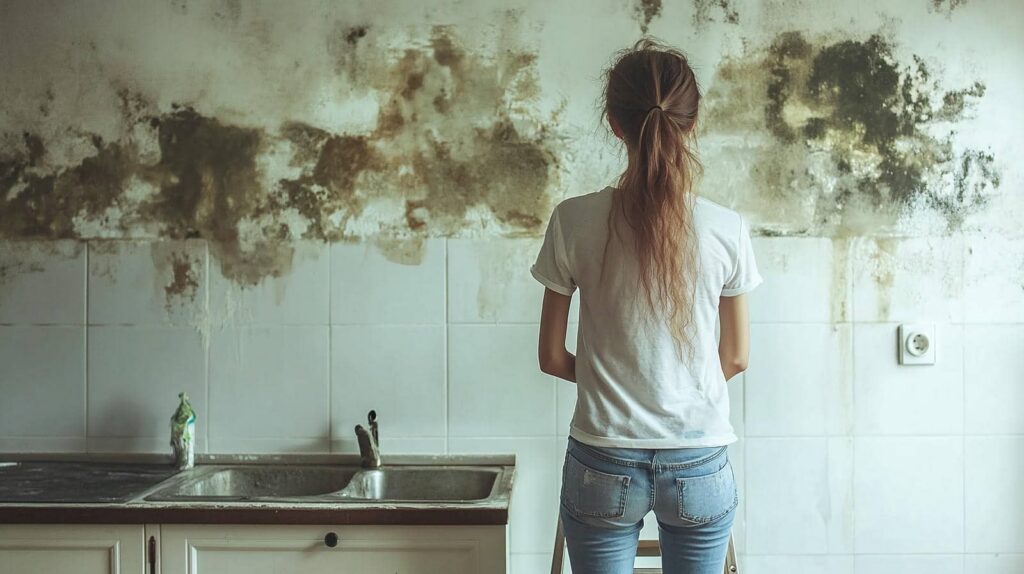 Woman standing in a kitchen facing a wall with extensive mold and water damage above the sink.