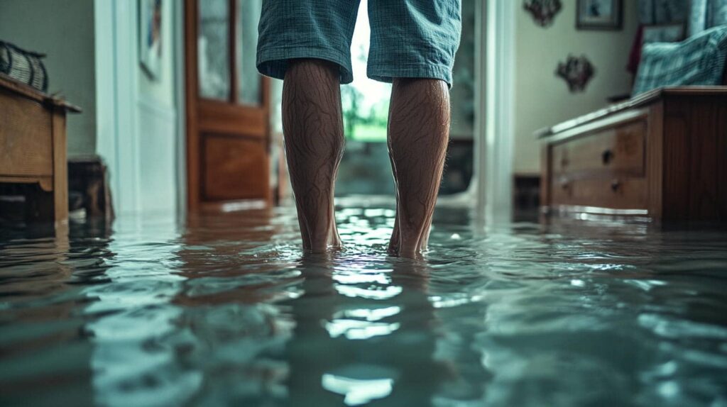 Legs of a person standing in knee-deep floodwater inside a flooded room.