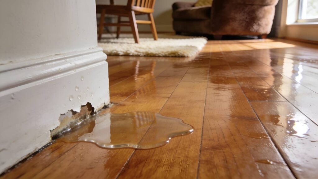 Water leaking from damaged baseboard onto hardwood floor in a living room.