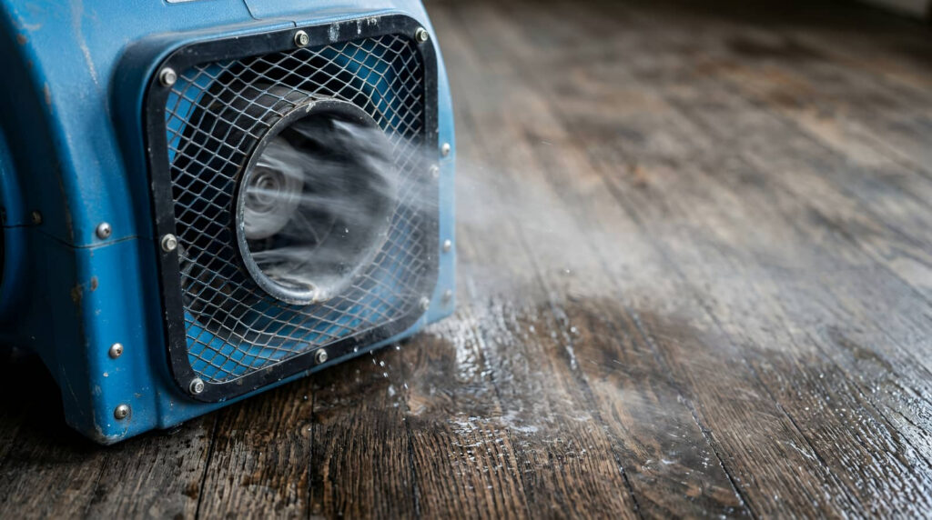 Blue floor fan blowing air across a wooden floor.