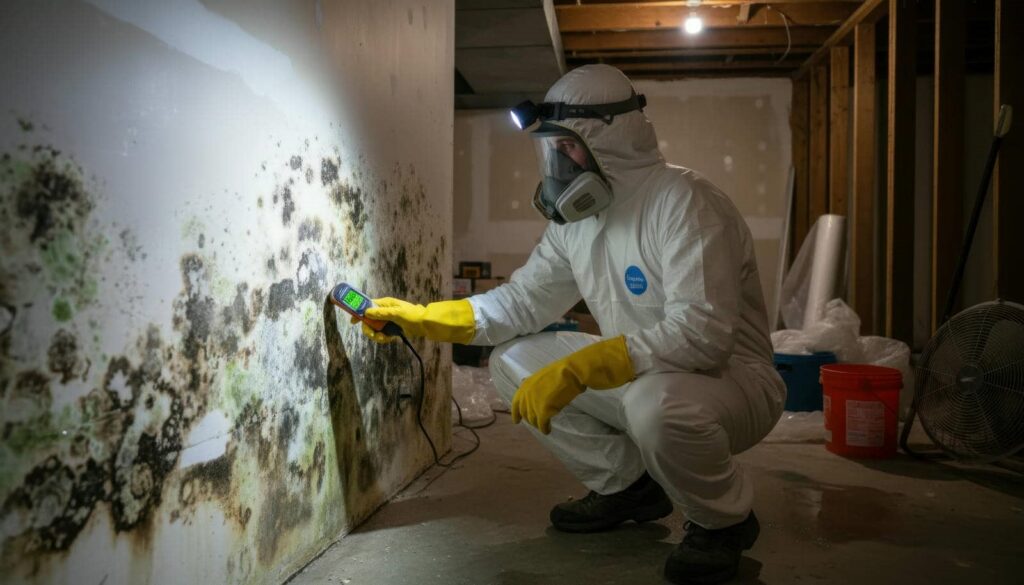 Person in protective suit inspecting mold on a wall with a handheld device in a basement.