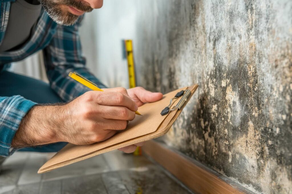 Man inspecting and documenting mold damage on a wall with a clipboard and pencil.