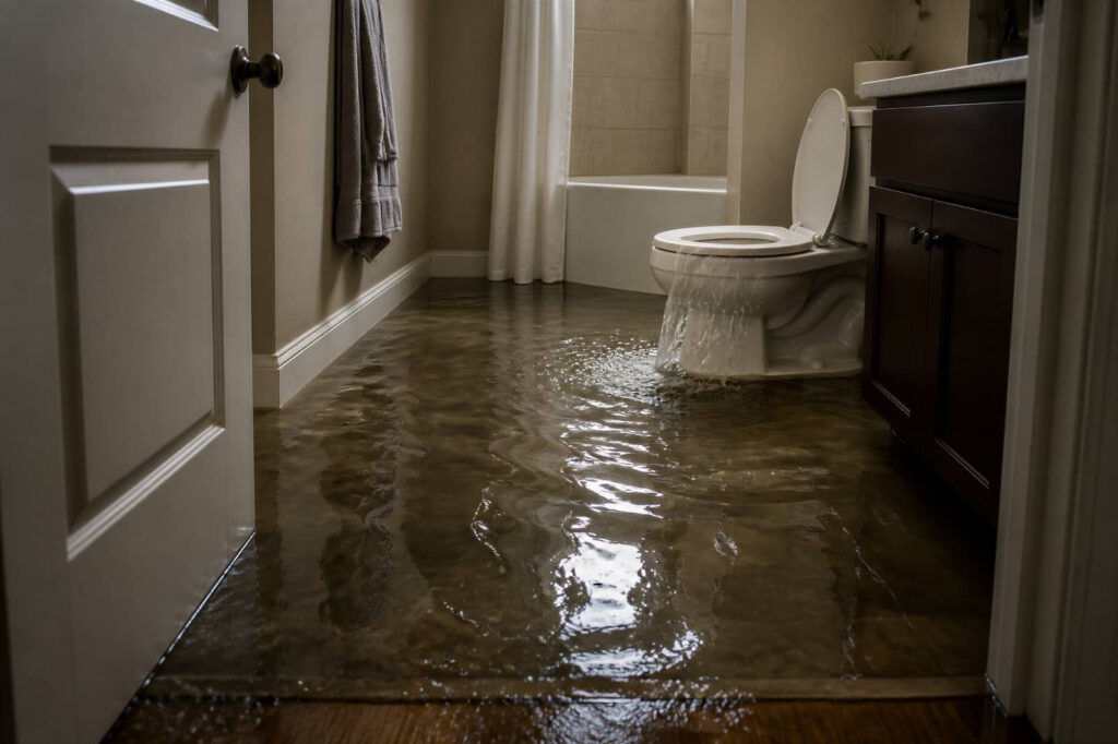 Bathroom flooded with water overflowing from the toilet.