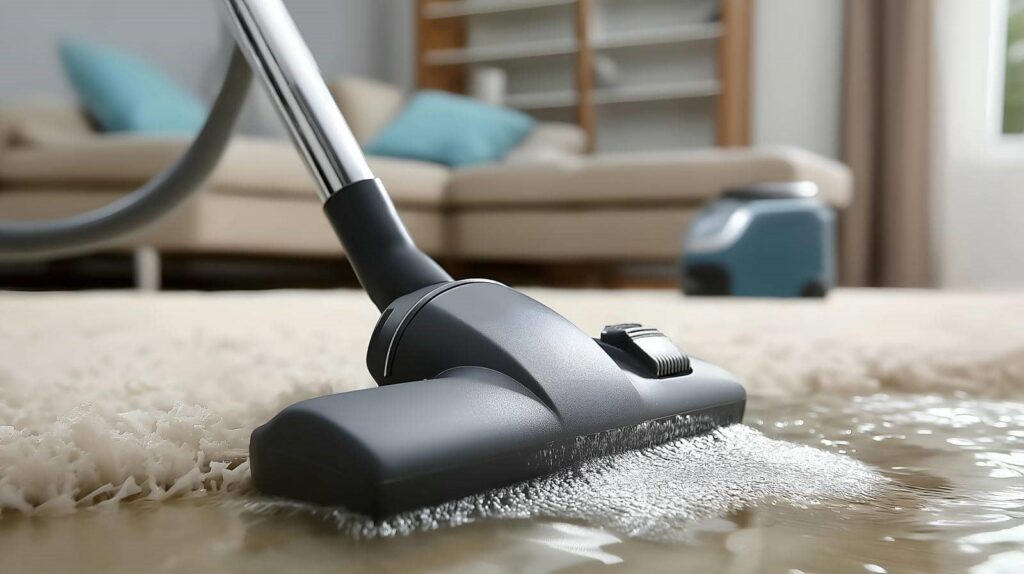 Vacuum cleaner head extracting water from a wet carpet in a living room.
