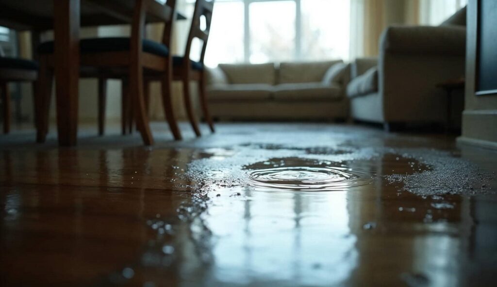 Water pooling and rippling on a wooden floor in a living room with chairs and sofas.