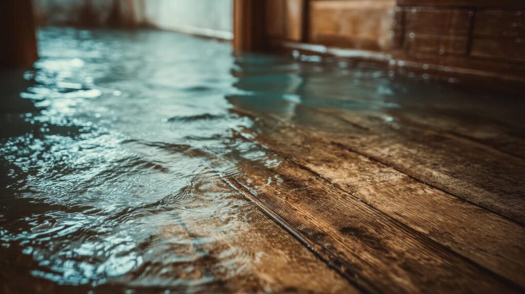 Water flooding over a wooden floor inside a room.