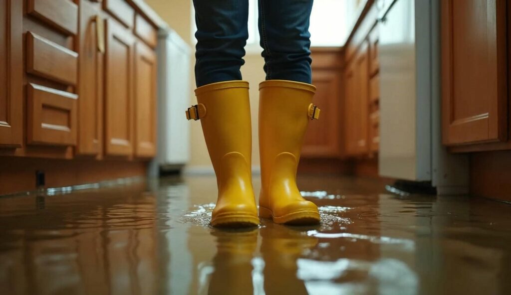 Person wearing yellow rain boots standing in a flooded kitchen with water covering the floor.