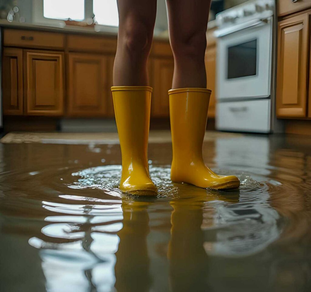Person wearing yellow rain boots standing in a flooded kitchen with water on the floor.