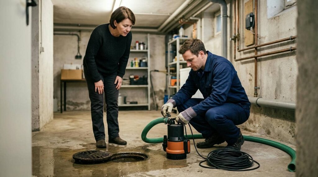 A man in work clothes fixes a pump while a woman watches near an open floor drain in a basement.