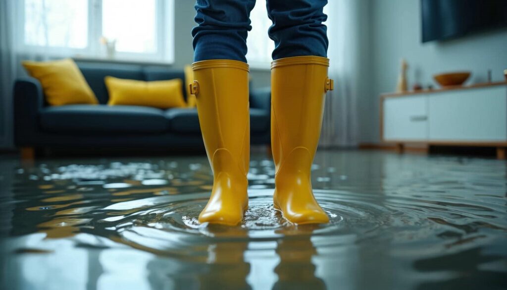 Person wearing yellow rain boots standing in a flooded living room with water ripples around the boots.