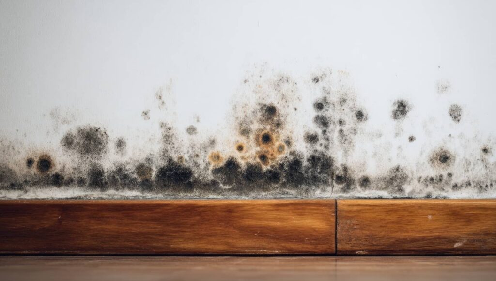 Black mold growth along the base of a white wall above wooden floor trim.