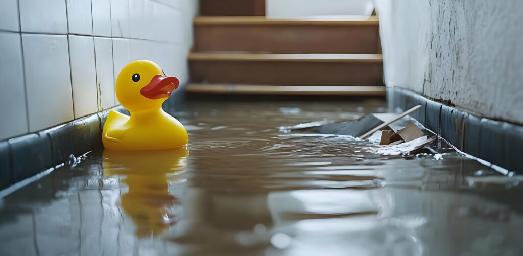 Yellow rubber duck floating in a flooded hallway with debris near stairs.