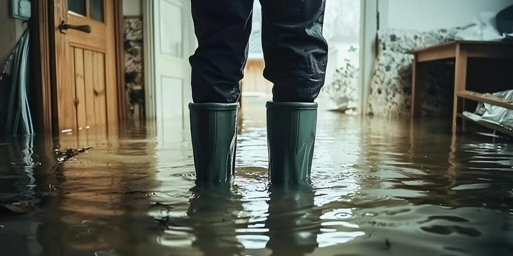 Person wearing boots standing in a flooded room with water covering the floor.
