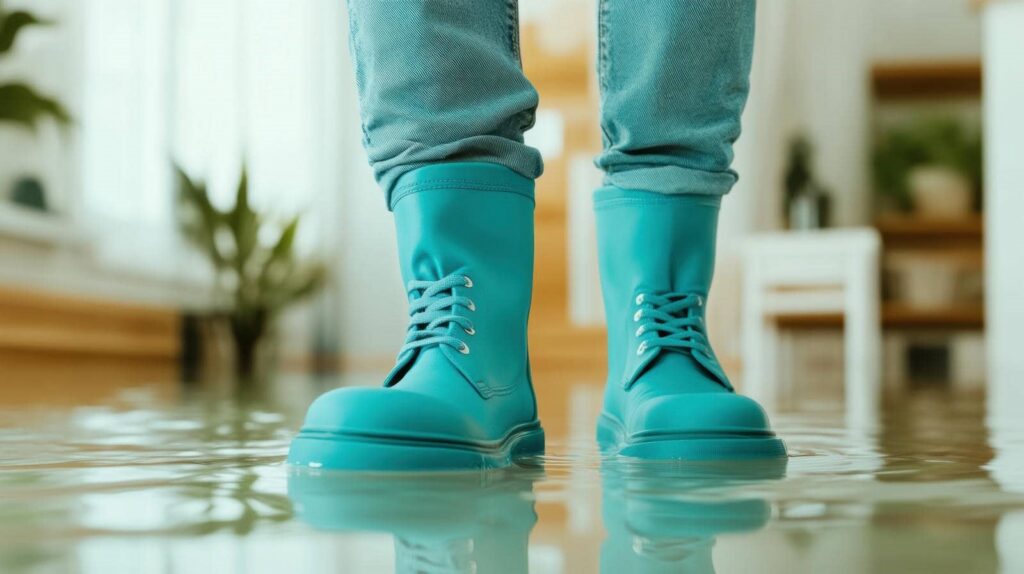 Person wearing teal rain boots standing in a flooded indoor space.