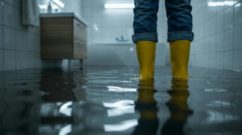 Person wearing yellow rain boots standing in a flooded tiled room with water covering the floor.