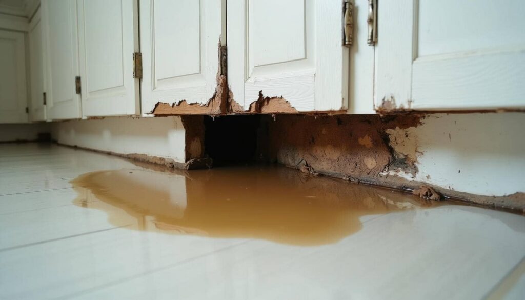 Water damage and wood rot under kitchen cabinets with a puddle on the floor.