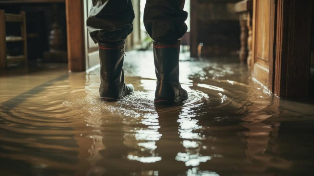 Person wearing black rain boots standing in a flooded indoor space with water ripples.