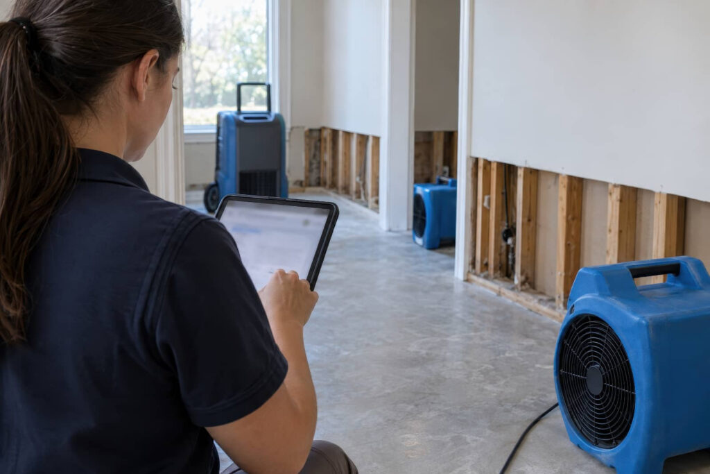 Technician inspecting a water-damaged room with dehumidifiers.