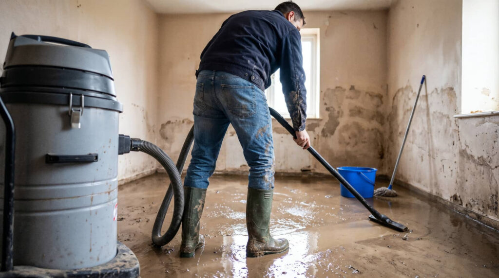 Man cleaning muddy floodwater from a room with a wet vacuum.