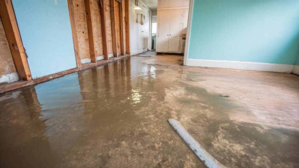 Flooded interior room with water covering the floor and exposed wall studs.