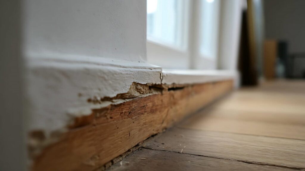 Close-up of damaged wooden baseboard with peeling white paint along a floor edge.