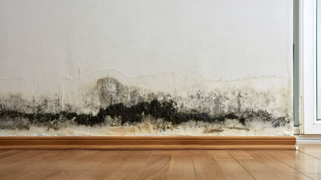 Black mold and water damage along the bottom of an interior wall.