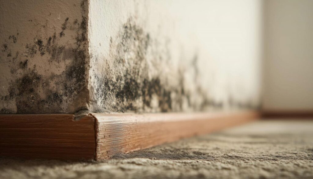 Black mold growing on the corner of an interior wall near the baseboard.
