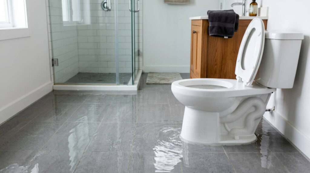 Bathroom flooded around a toilet and shower.