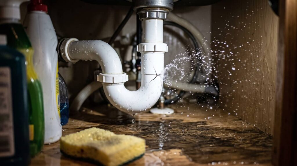 Cracked white pipe under sink spraying water inside a cabinet.