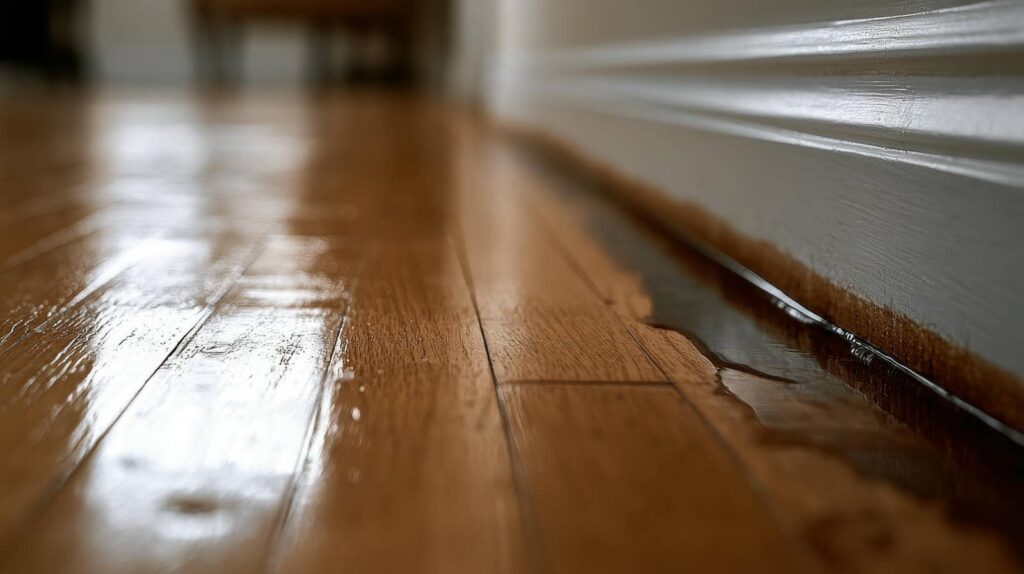 Water pooling along a wooden floor near a white baseboard.