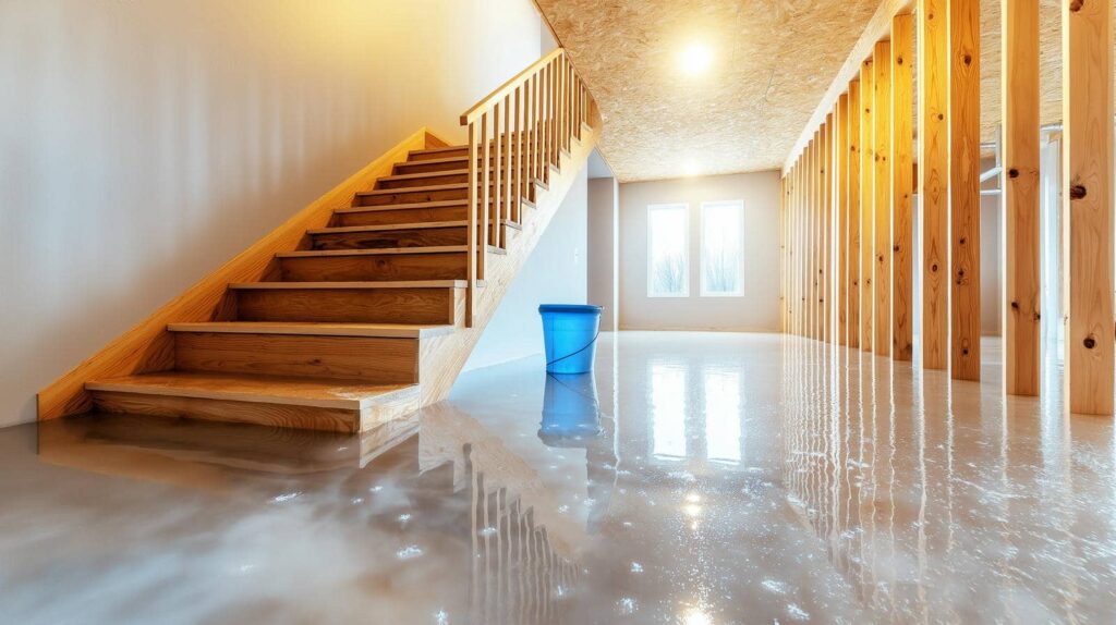 Flooded basement with wooden stairs and a blue bucket on a shiny wet floor.
