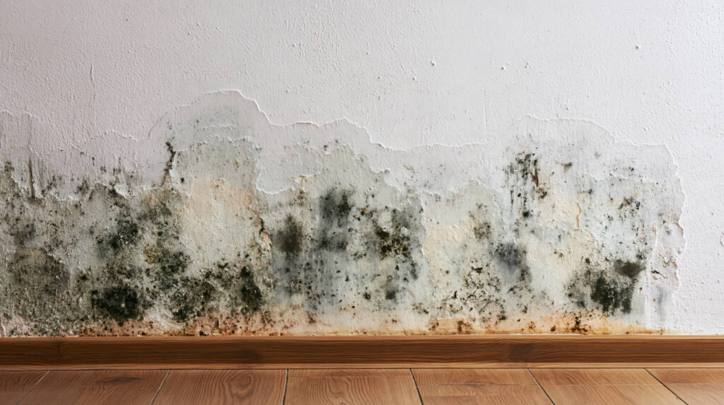Mold and water damage on a wall above a wooden baseboard.