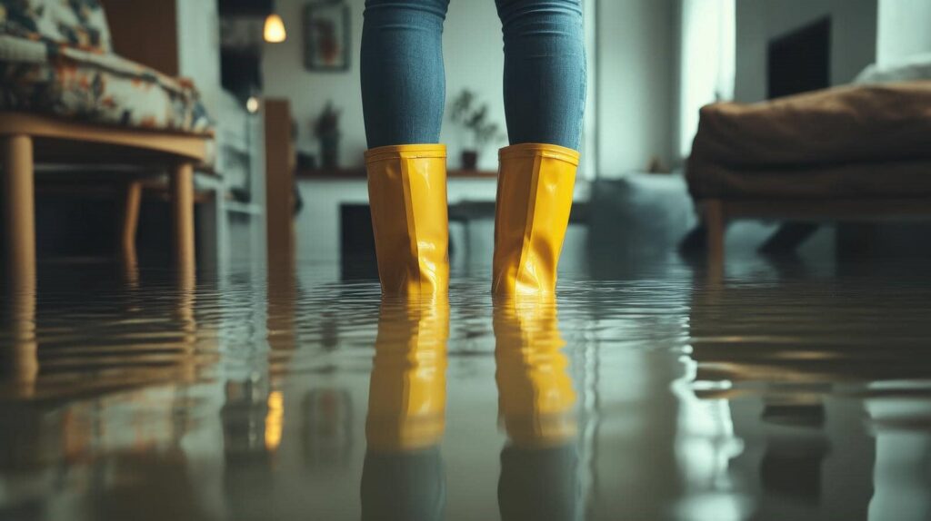 Person wearing yellow rain boots standing in a flooded room with water covering the floor.