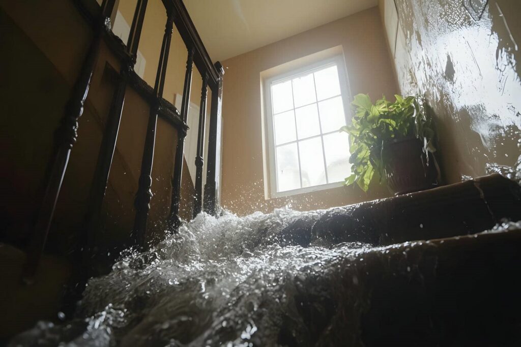 Water flooding down a carpeted staircase inside a house near a window and a potted plant.